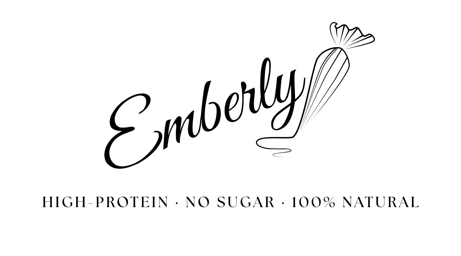 Logo of Emberly with text 'High Protein, No Sugar, 100% Natural' on a white background