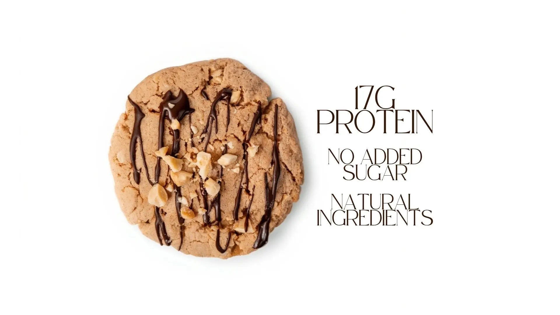 Protein cookie with chocolate drizzle and nuts on a white background, featuring text about nutritional information.