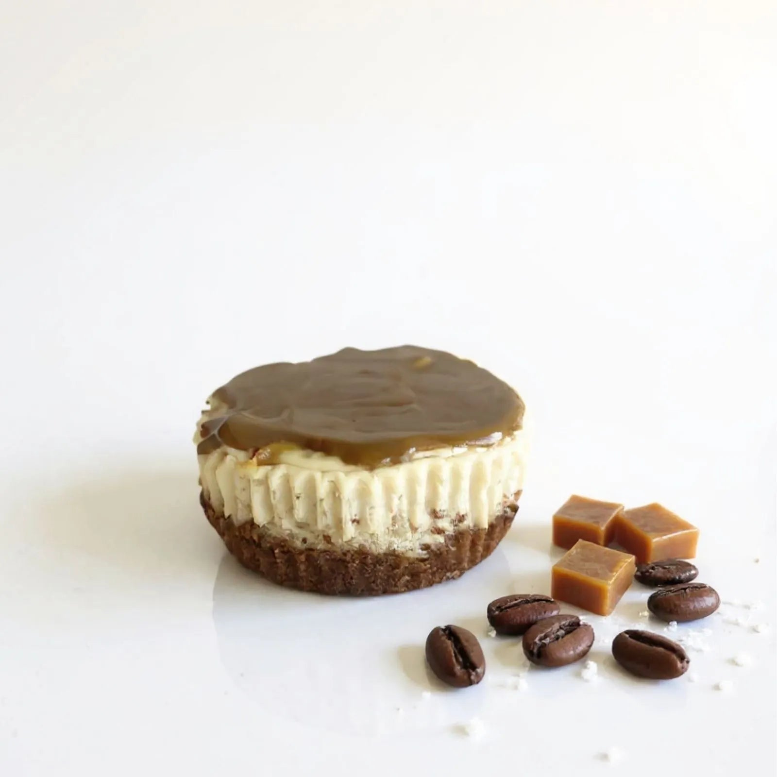 Emberly salted caramel cappuccino protein cheesecake with coffee beans and caramel pieces