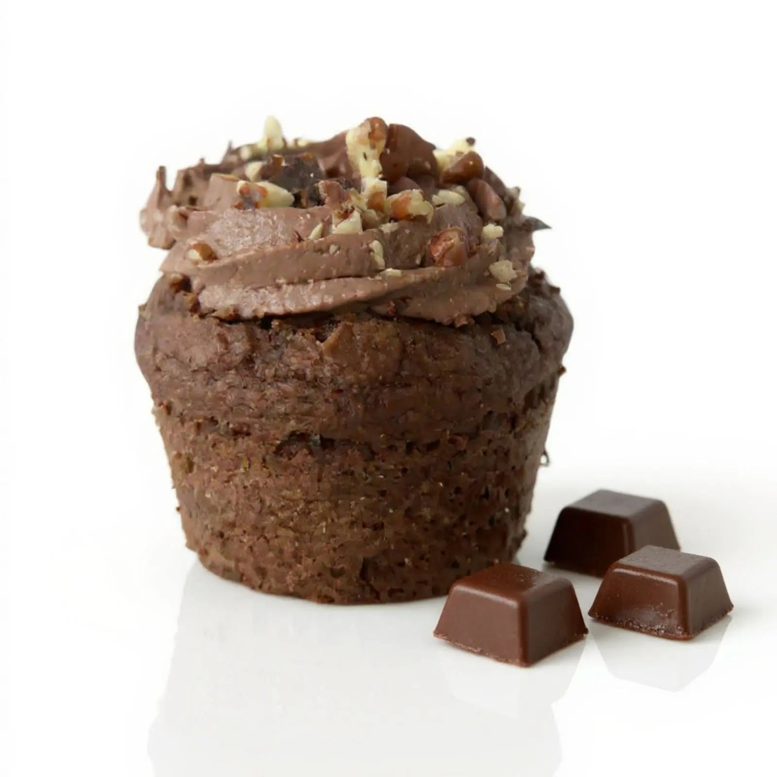 Emberly chocolate protein muffin with frosting and chocolate pieces
