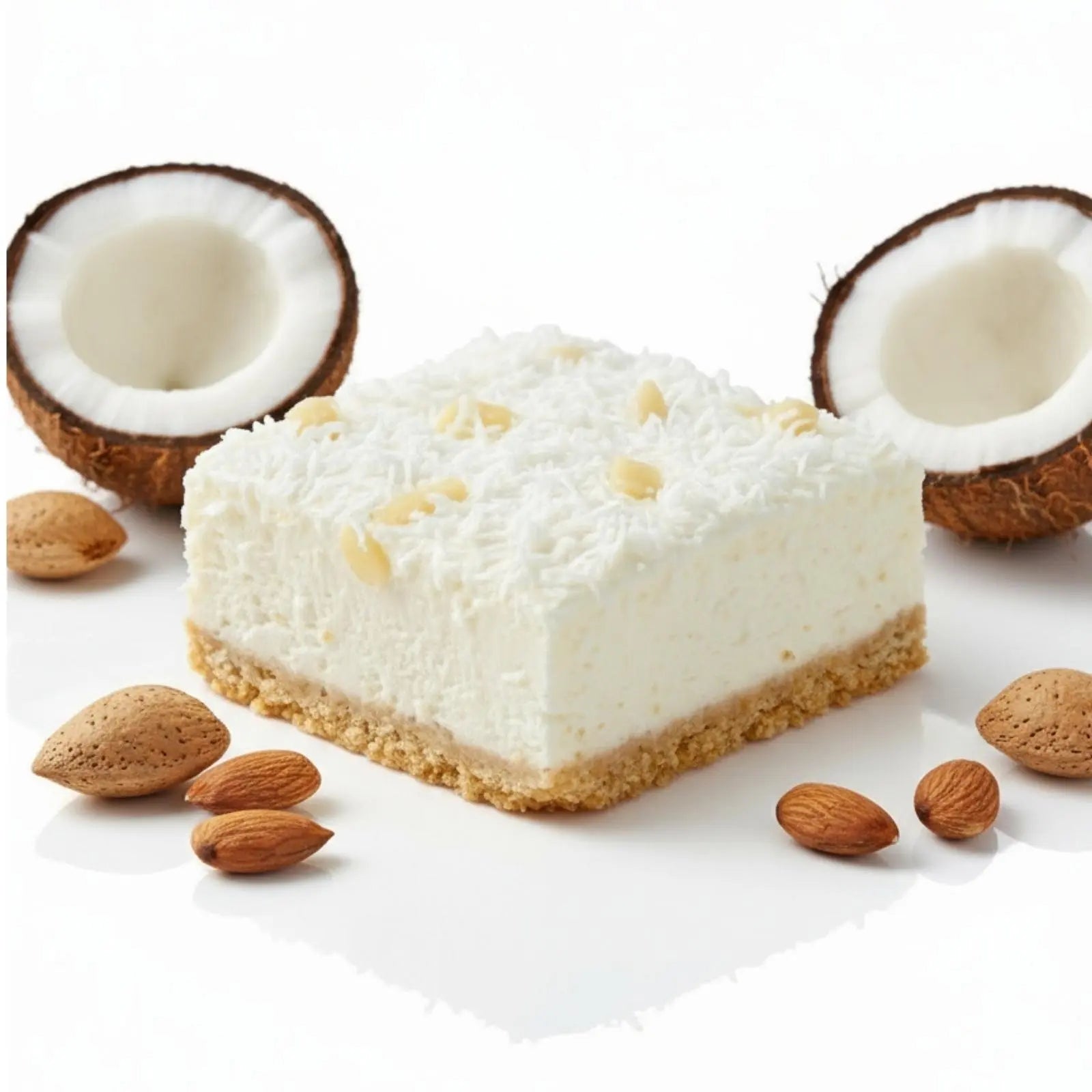 Emberly coconut protein cheesecake with almonds and coconut pieces