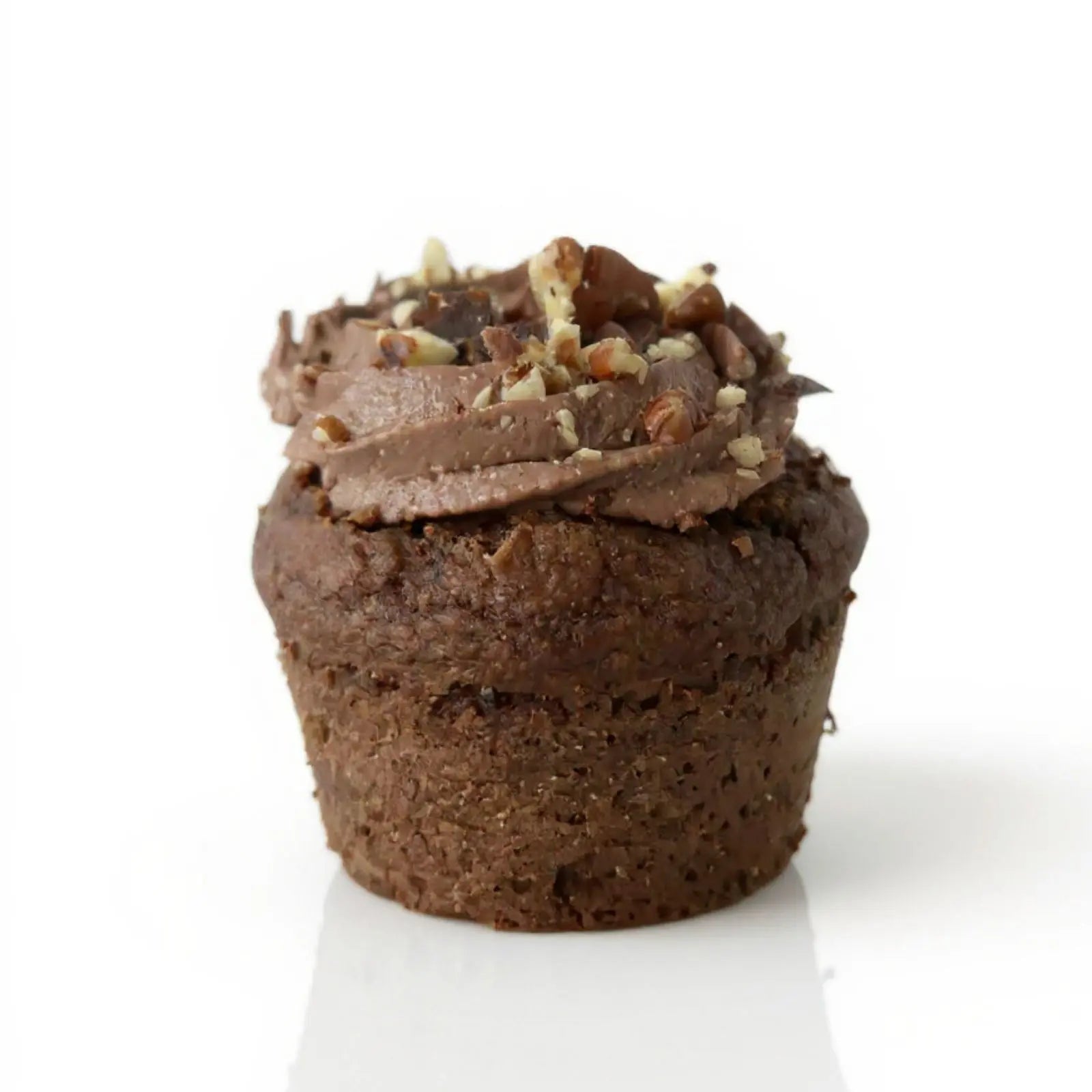Emberly double chocolate protein muffin with frosting and nuts