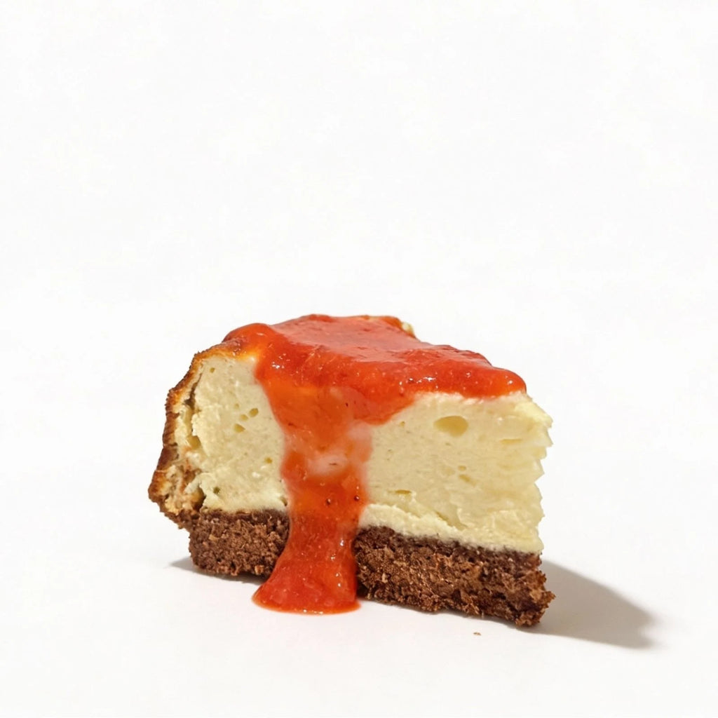 Slice of cheesecake with red fruit sauce on a white background
