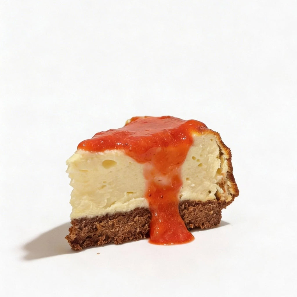 Slice of protein cheesecake with strawberry sauce on a white background
