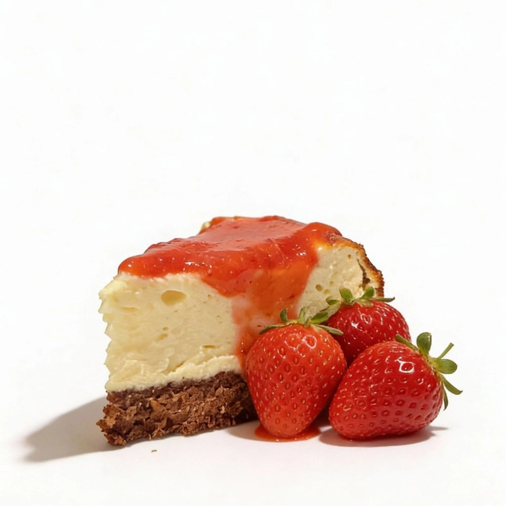 Slice of protein cheesecake with strawberry sauce and fresh strawberries on a white background