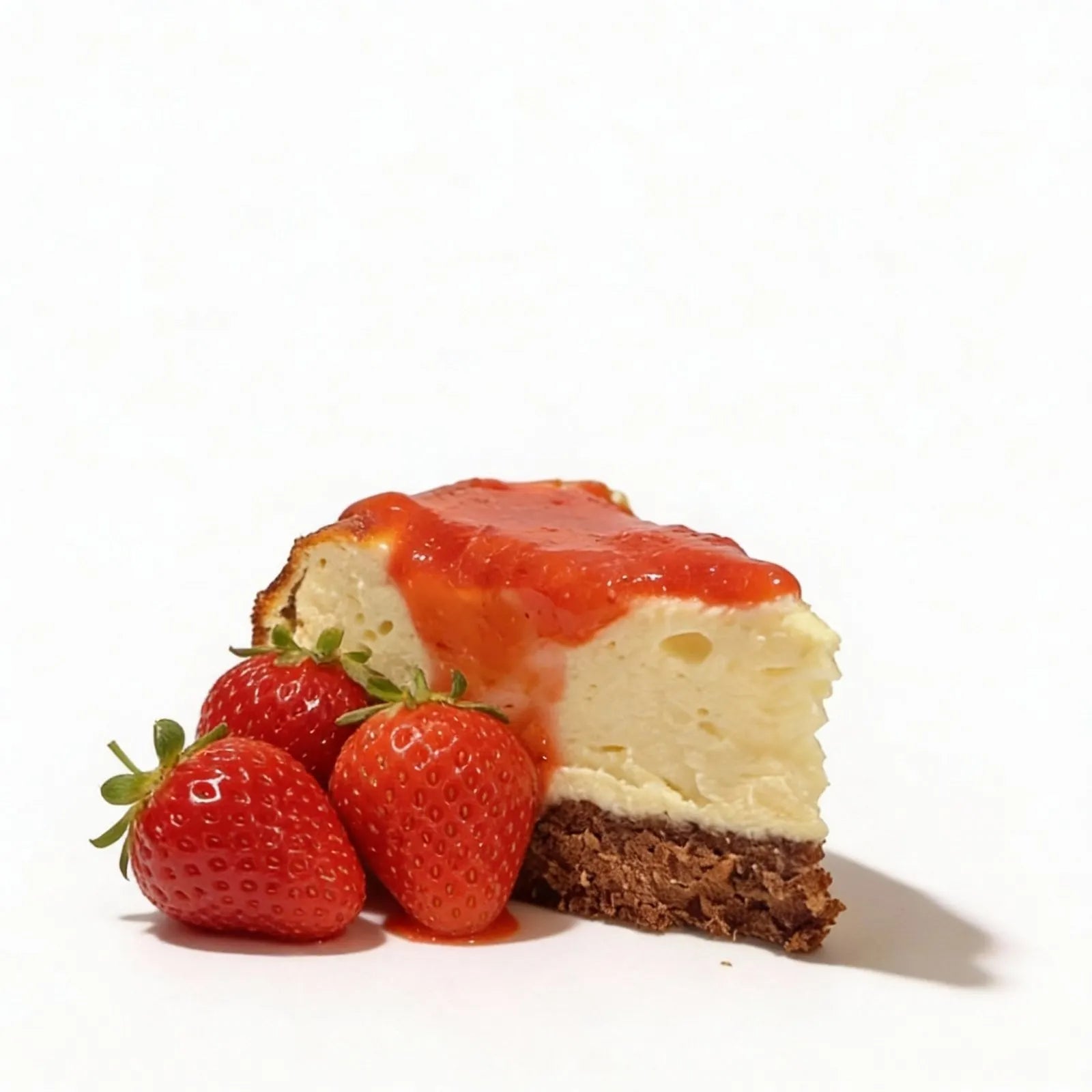 Cheesecake with strawberry sauce and strawberries on a white background