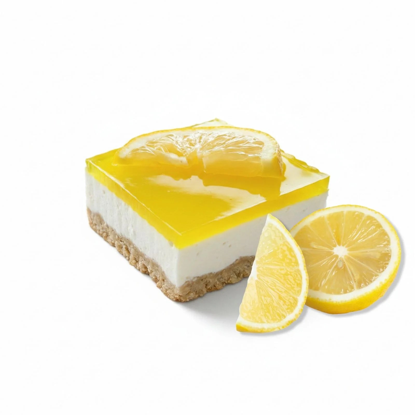 Slice of lemon cheesecake with a lemons on the white background 
