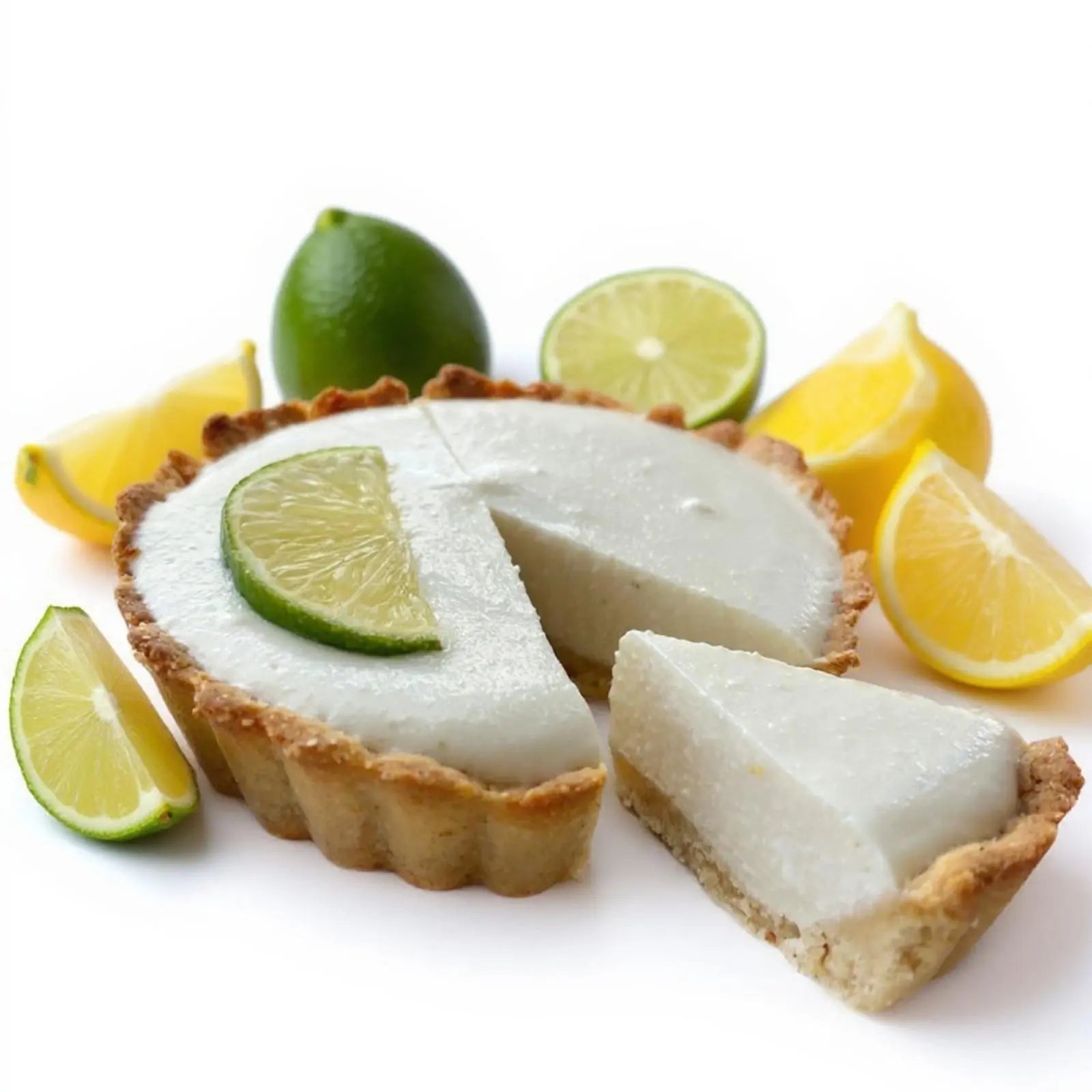 Emberly lime protein cheesecake tart with lemon and lime slices