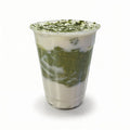 Organic Japanese matcha protein oatmeal without sugar in a clear plastic cup on a white background