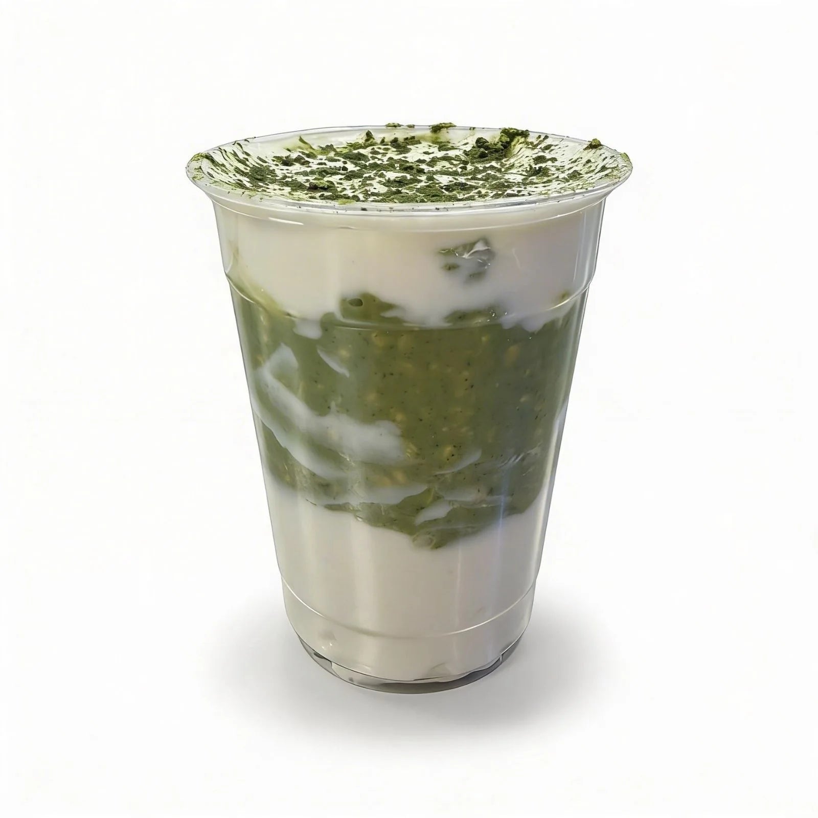 Organic Japanese matcha protein oatmeal without sugar in a clear plastic cup on a white background