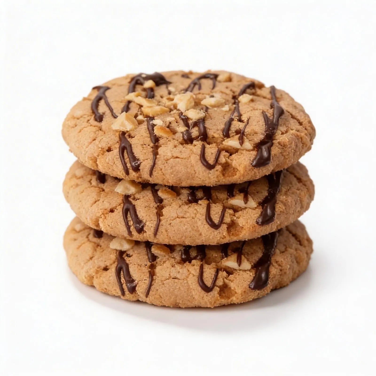 Stack of protein cookies with chocolate drizzle and nuts on a white background
