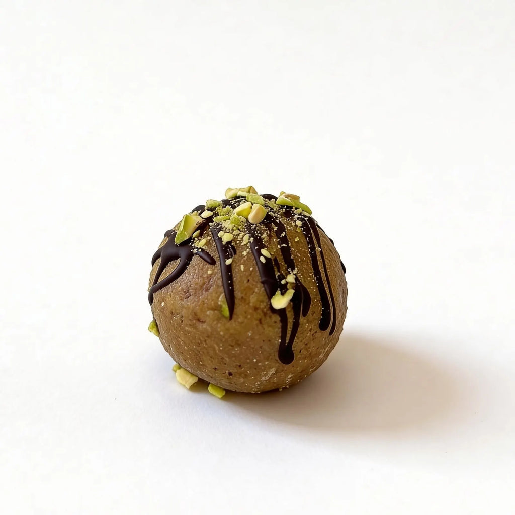 Energy balls protein chocolate-dipped cookie ball with pistachios on a white background.