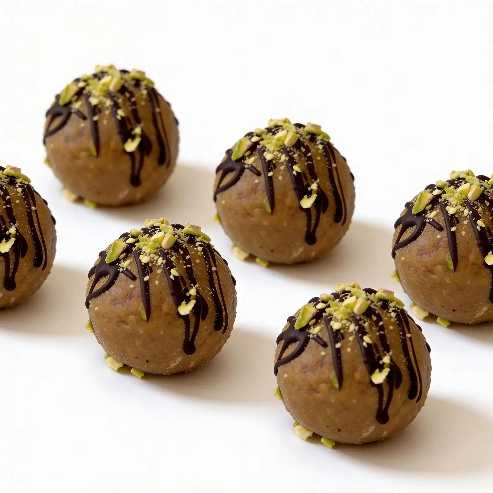 Energy protein balls with chocolate drizzle and pistachios on a white background.