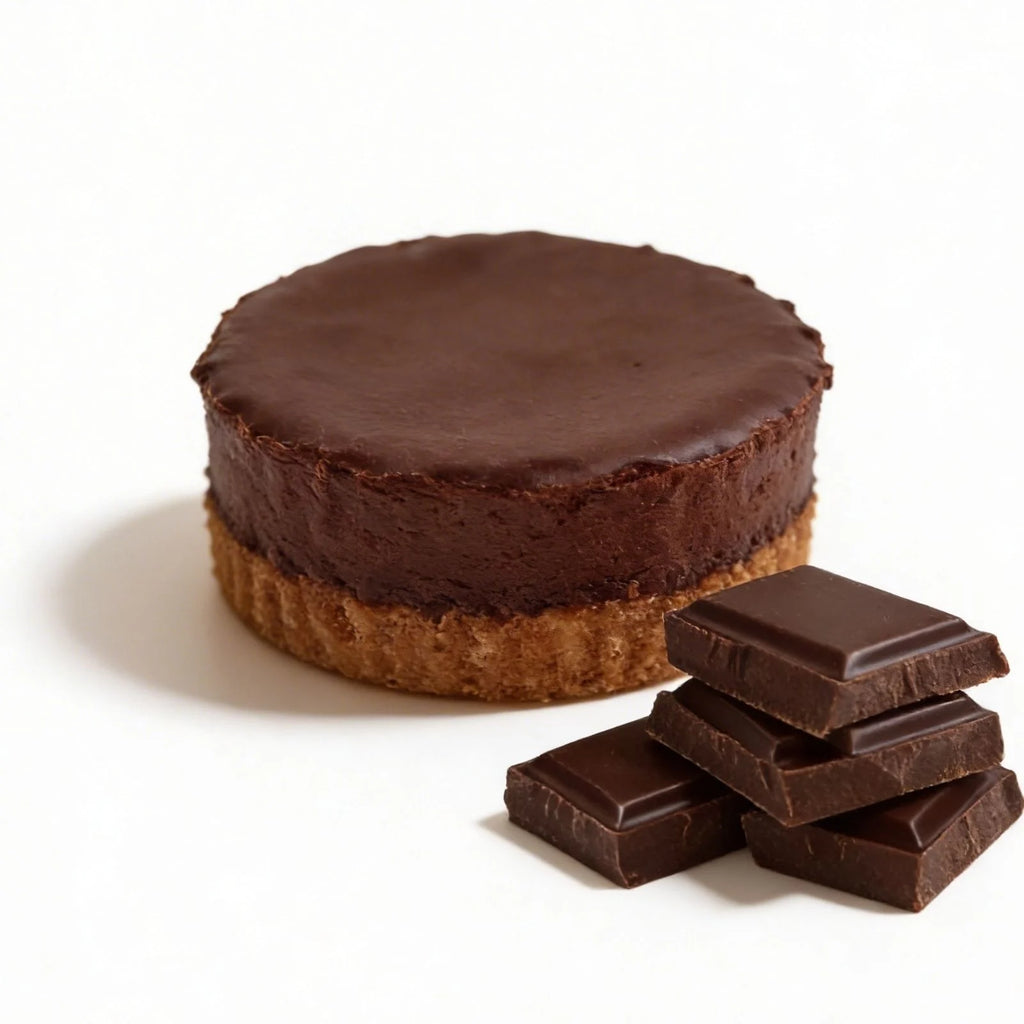 Mini chocolate protein cheesecake with a stack of chocolate bars on a white background.
