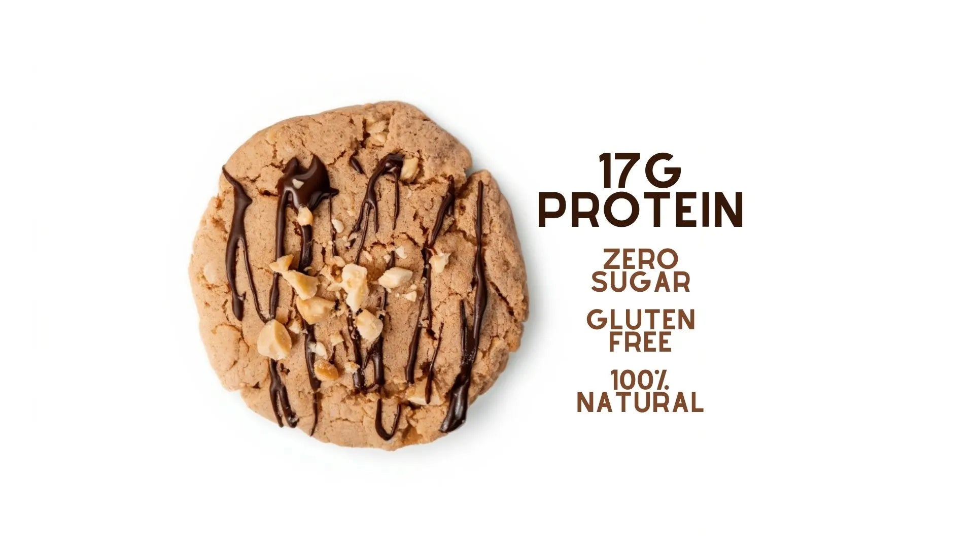 Protein cookie with chocolate drizzle on a white background, featuring nutritional information.