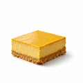 Square piece of protein pumpkin healthy cheesecake on a white background.