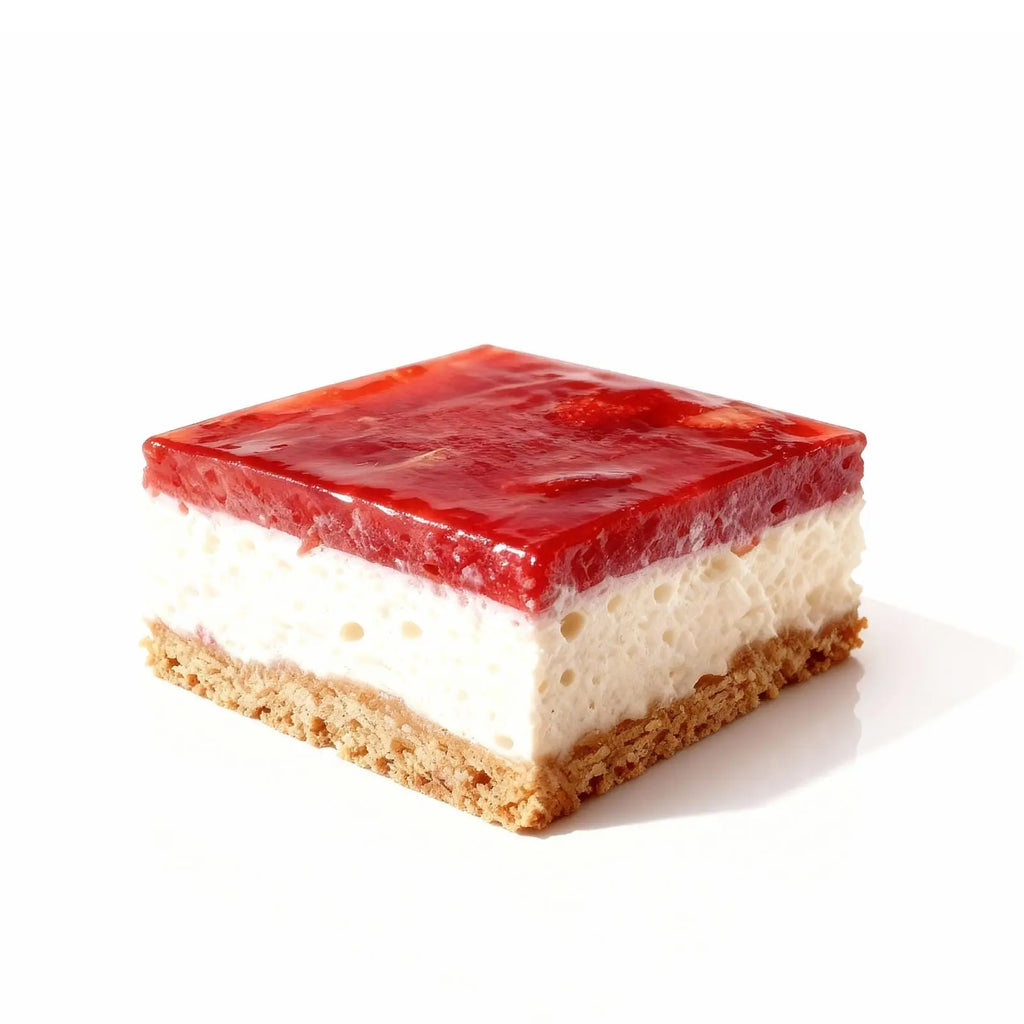 Square slice of strawberry cheesekace with red jelly top and white cream, on a white background.