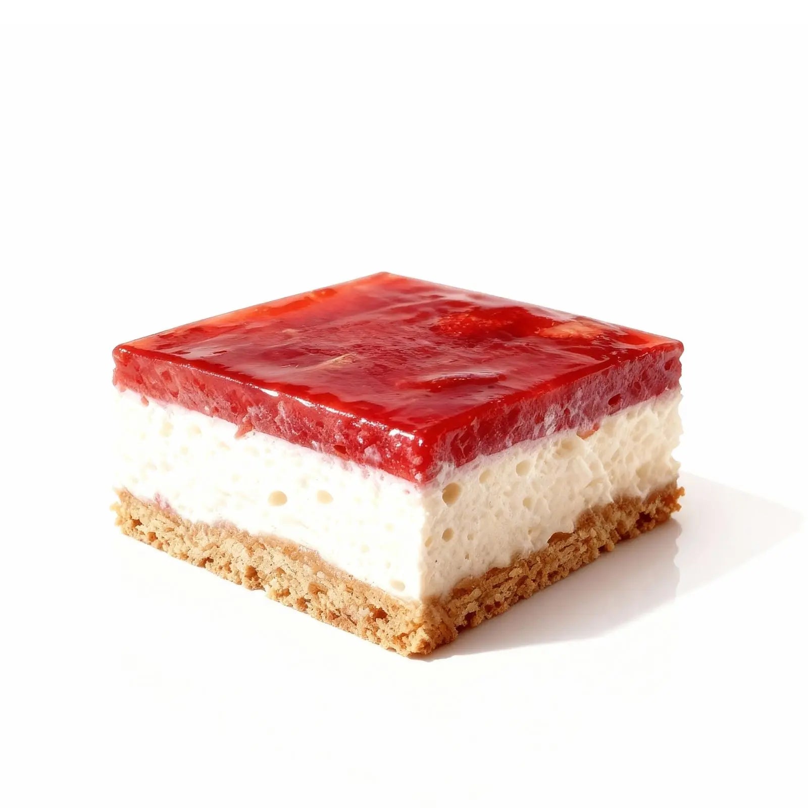 Square slice of strawberry cheesekace with red jelly top and white cream, on a white background.