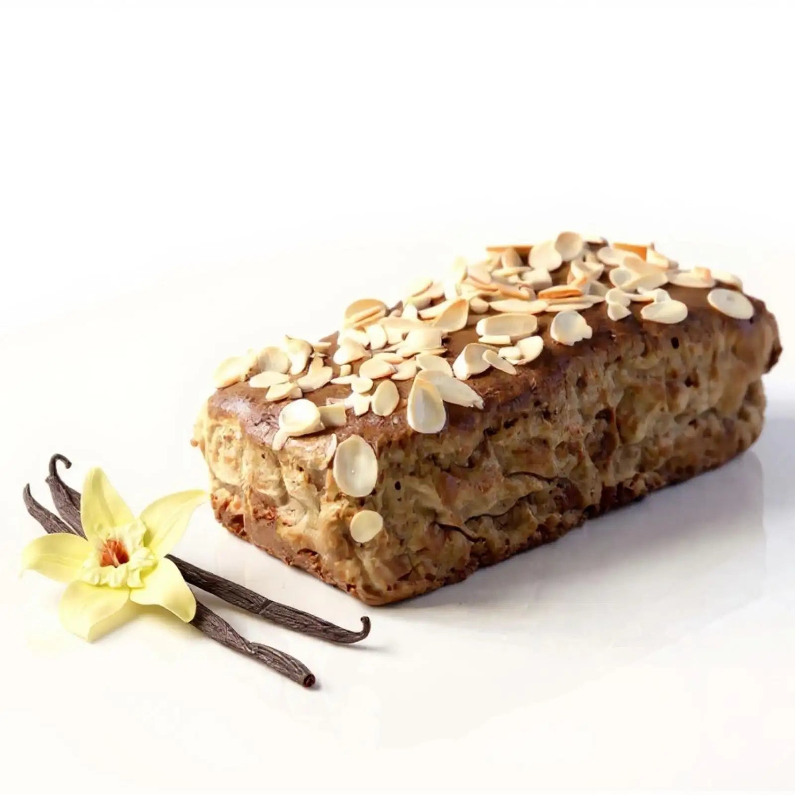 Emberly vanilla protein loaf with almonds and vanilla flower