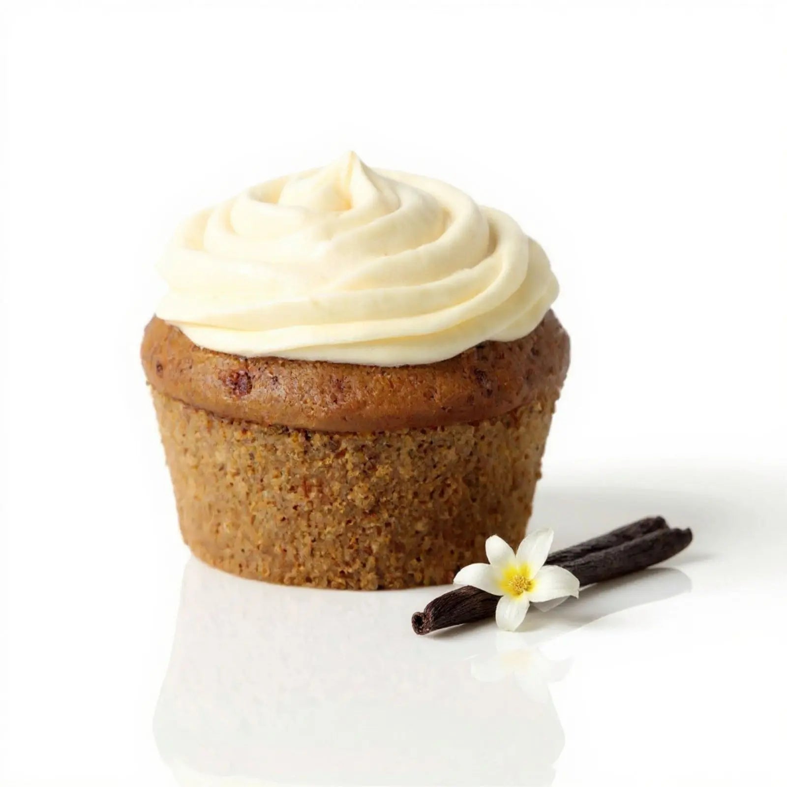 Emberly vanilla protein muffin with cream frosting and vanilla flower